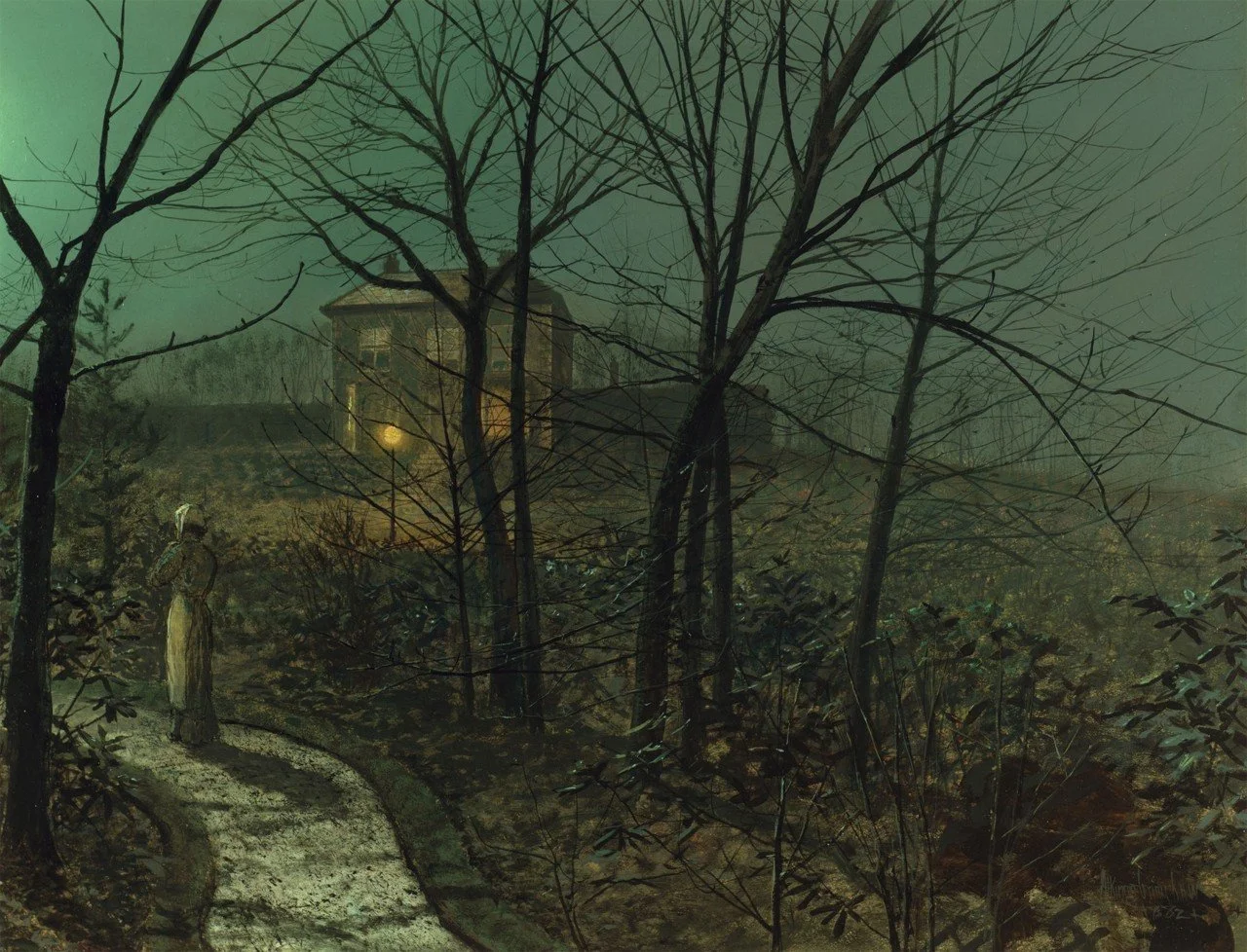Atkinson Grimshaw, Woman on a Path by a Cottage
