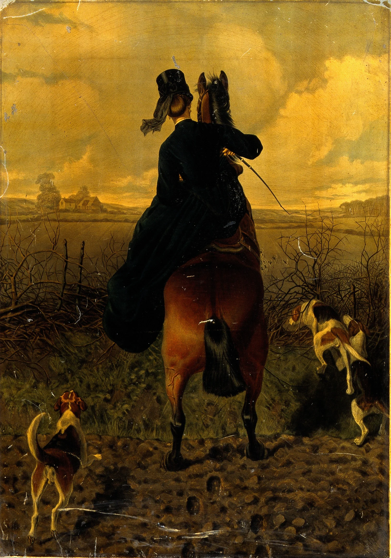 Charles Burton Barber, An Elegantly Dressed Horsewoman Approaching a Fence, Seen from Behind