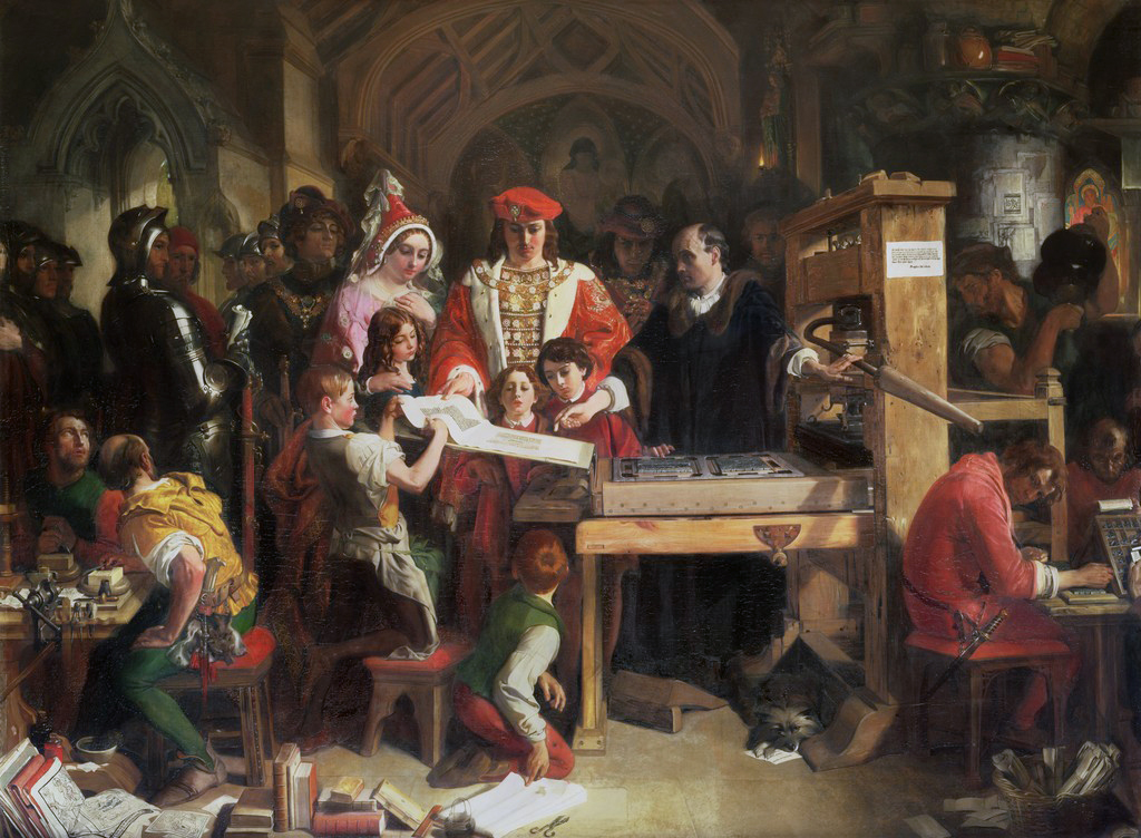 Daniel Maclise, Caxton Showing the First Specimen of his Printing to King Edward IV and Queen Elizabeth at the Almonry, Westminster