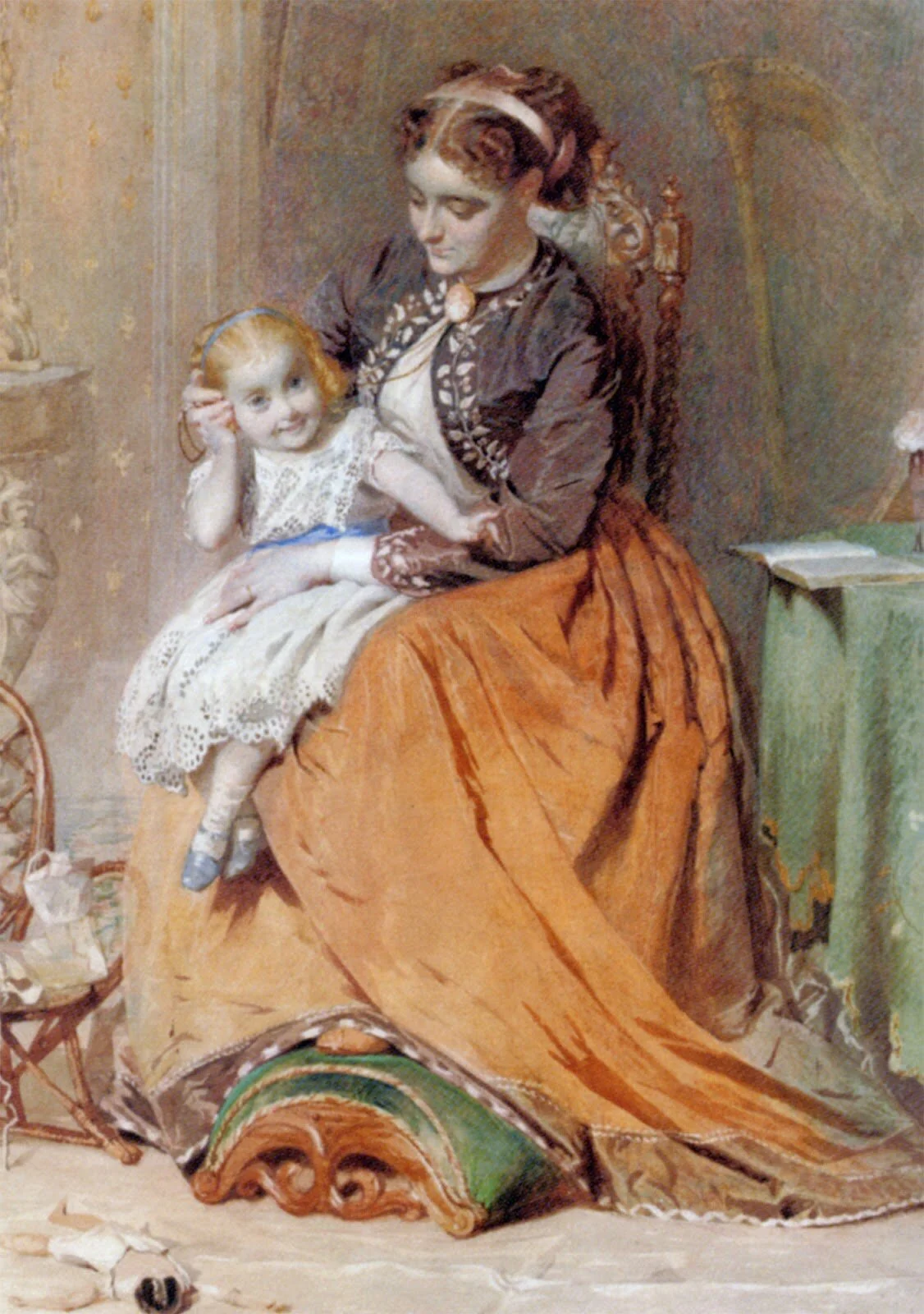 George Elgar Hicks, A girl listening to the ticking of a pocketwatch while sitting on her mother’s lap