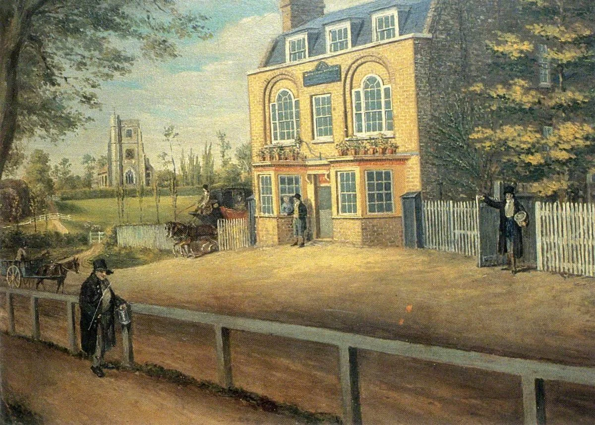 George Scharf, View of the “Three Compasses” Inn and St Mary’s Church, Hornsey High Street
